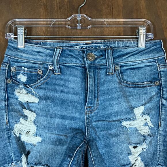 American Eagle Outfitters Womens Shorts Blue Denim Midi Distressed Stretch 4 - Picture 2 of 11